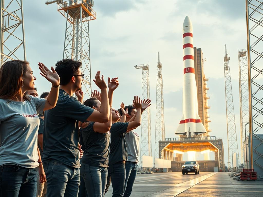 A high-resolution image showing an exciting launch event, with students cheering as a rocket is prepared for launch at a space center. The atmosphere is filled with anticipation, and the students are wearing branded shirts, capturing the moment of achievement and celebration.