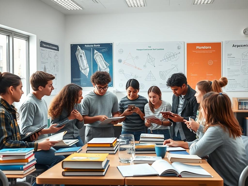 A high-resolution image of a group of diverse students brainstorming ideas for a space experiment, surrounded by books and digital devices in a modern classroom setting. The room has a bright atmosphere with posters of space missions and scientific diagrams on the walls, showcasing a sense of excitement and collaboration.