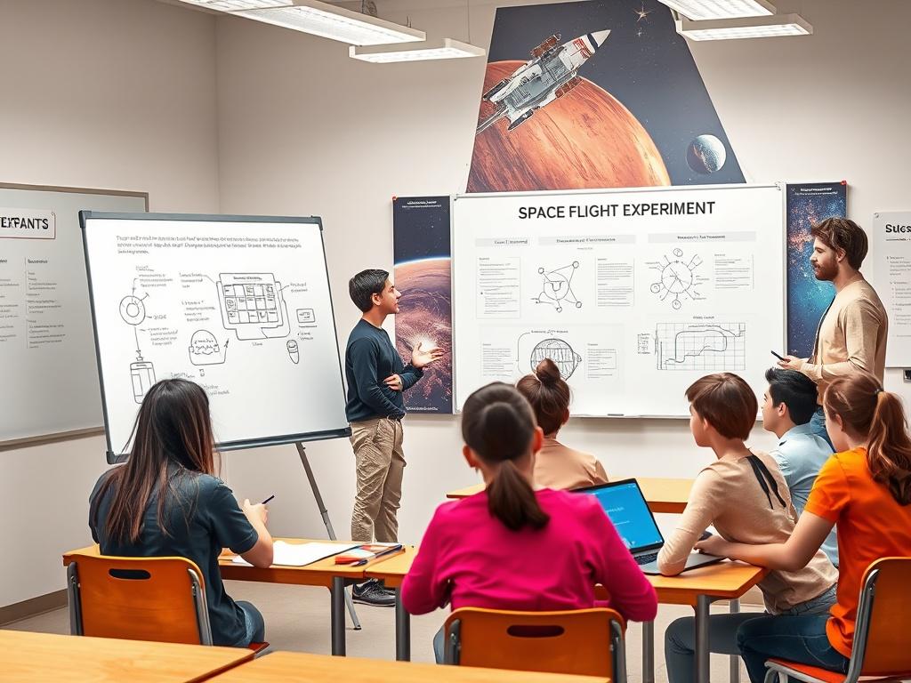A classroom setting with students collaboratively discussing a space flight experiment. One student stands at a whiteboard illustrating their ideas, while others are engaged in conversation, taking notes, and using laptops. A teacher facilitator observes and offers guidance. The background features a space-themed poster, showcasing the excitement of exploration. The image should be vibrant, capturing the energy of teamwork and innovation, focusing on the students and the whiteboard.