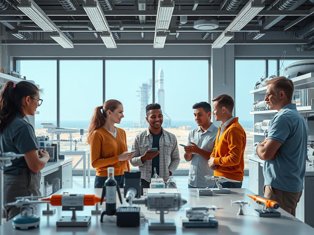 An inspiring scene of a diverse group of students collaborating on a space experiment, set against a backdrop of a modern laboratory filled with advanced technology and models of spacecraft. The students, of various ethnicities and backgrounds, are discussing and working together, showcasing enthusiasm and teamwork. The laboratory should have large windows allowing natural light to flood in, with a view of the launch pad in the distance. The overall composition should be clean and professional, emphasizing 