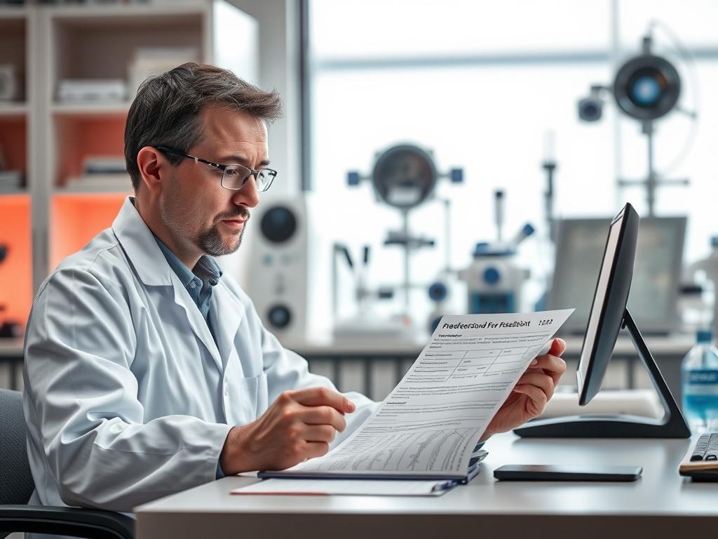 A focused scientist sitting at a desk, reviewing feedback notes with a determined expression. The background features a clean, modern workspace with scientific equipment and space-related visuals. The lighting is bright, highlighting the scientist's concentration and commitment to improvement. The overall composition emphasizes clarity and purpose, with a minimalistic style and bold colors.