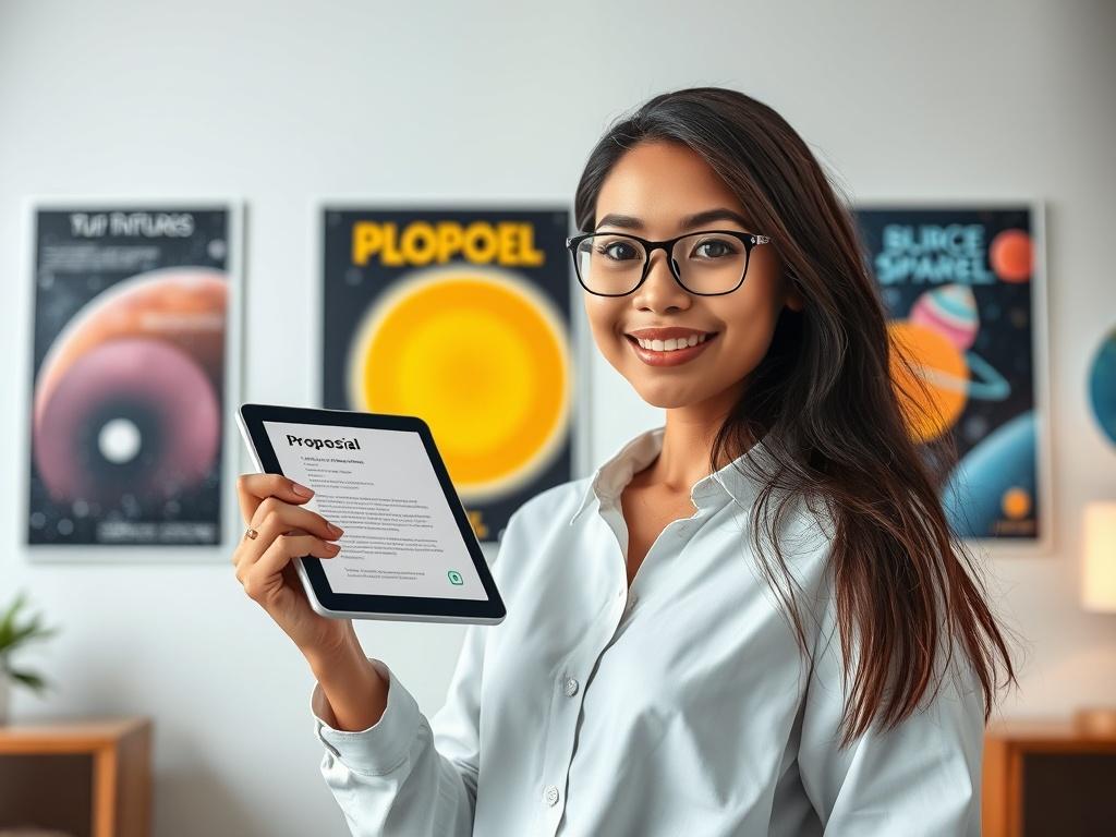 A student confidently submitting a proposal on a digital tablet, with a background of inspirational space-themed posters in a well-lit room.