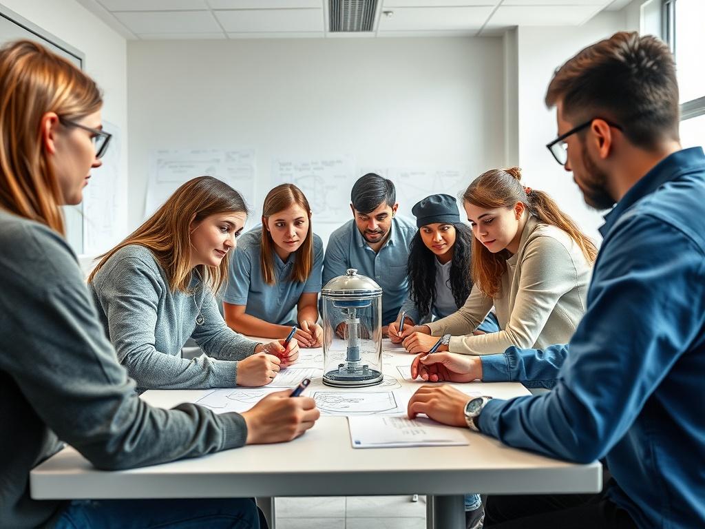 A group of diverse students brainstorming and designing a microgravity experiment, surrounded by sketches and notes, in a bright, modern classroom.