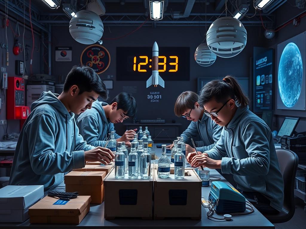 A team of students meticulously packaging their experiments for launch, surrounded by space-themed decorations and launch countdown visuals.