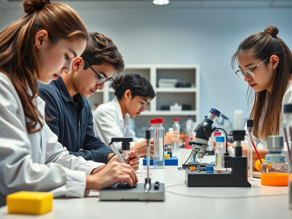 Students in a laboratory setting working on prototypes of their experiments, focusing intently on equipment and data collection.