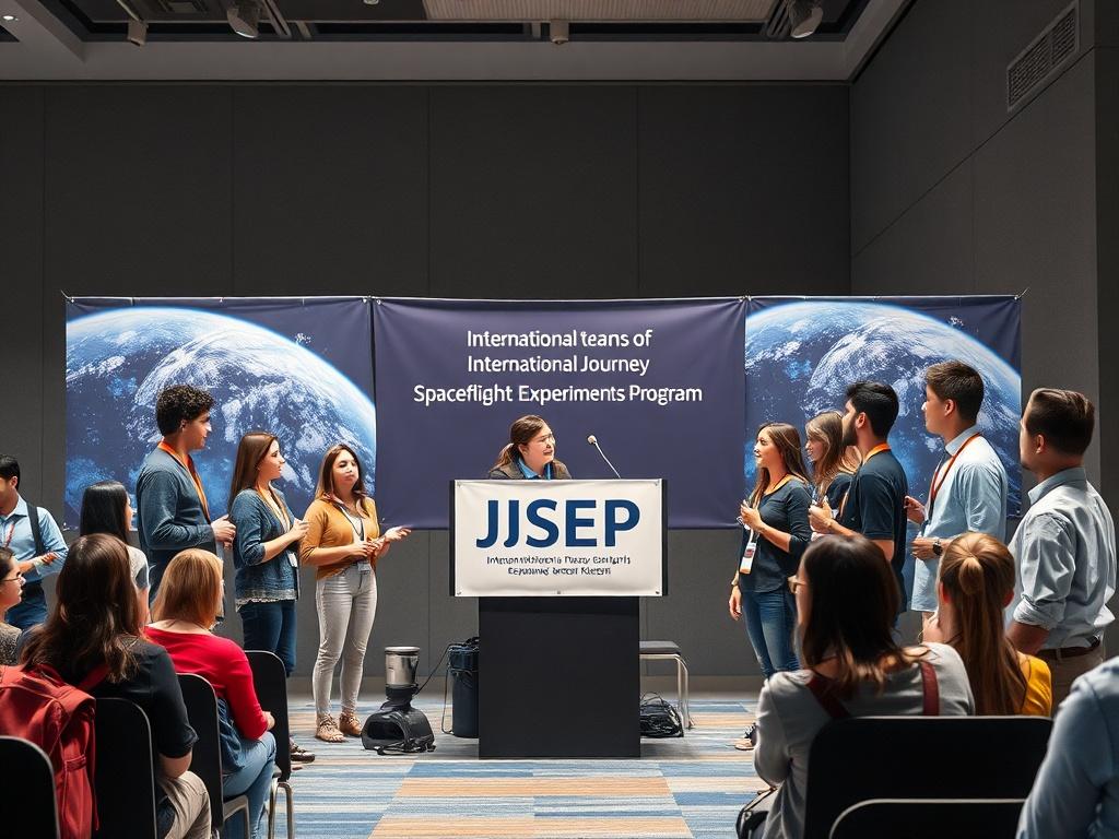A high-resolution image depicting a group of enthusiastic student teams presenting their innovative space experiments at a conference setting. The scene should include a podium with a banner representing the International Journey Spaceflight Experiments Program (IJSEP), an audience of peers and industry professionals engaged in discussion, and a backdrop of space-themed visuals. Bright lighting and a vibrant atmosphere should convey excitement and inspiration.