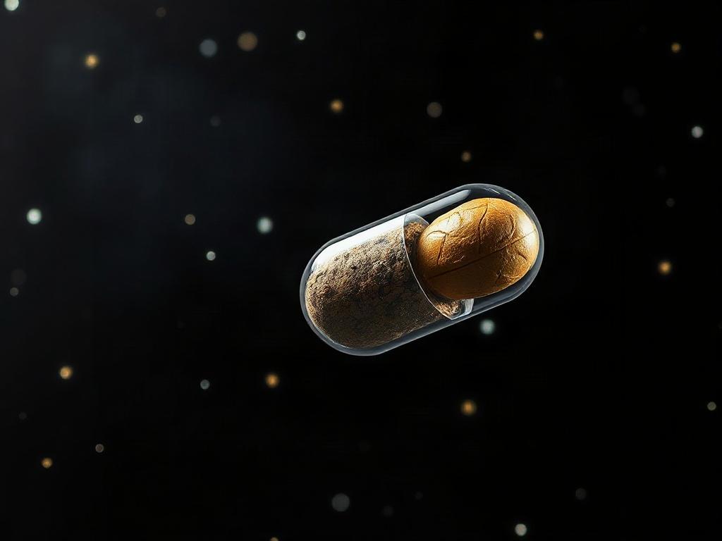 **Prompt for AI Image Generator:**  

Create a realistic high-resolution photo titled "Seeds in Space." The composition should feature a single, highly detailed seed capsule floating gracefully in microgravity against a deep black space backdrop sprinkled with distant stars. Focus on the seed capsule, showcasing its intricate textures and organic shapes in vivid detail, capturing the essence of life and growth.  

The background should be minimalistic and unobtrusive, emphasizing the isolation of the seed i