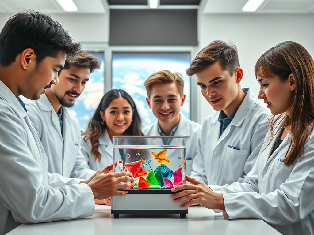 Create a realistic high-resolution photo that captures the essence of biological experiments in microgravity. The image should feature a single subject: a diverse group of enthusiastic students, dressed in white lab coats, intently working on a small, transparent scientific apparatus designed for conducting experiments in microgravity. Their expressions should reflect curiosity and determination as they observe the apparatus, which contains vibrant colorful liquid samples showcasing various biological mater