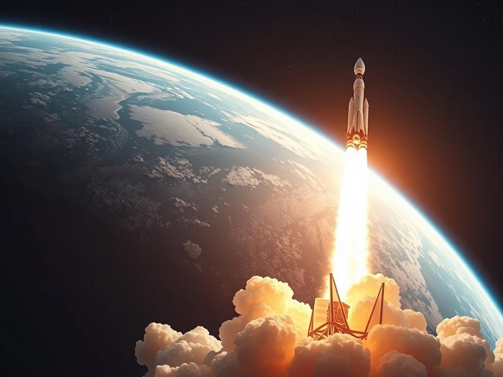 A high resolution image of a rocket launching into space