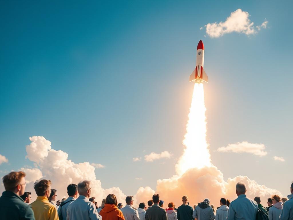 A rocket lifting off into the sky, trailing smoke and