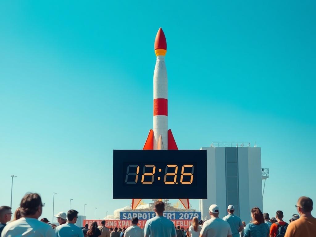 A rocket poised for launch against a clear blue sky,