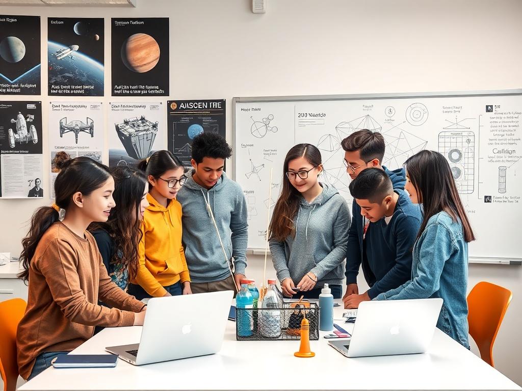 A group of diverse students, gathered around a workspace, enthusiastically