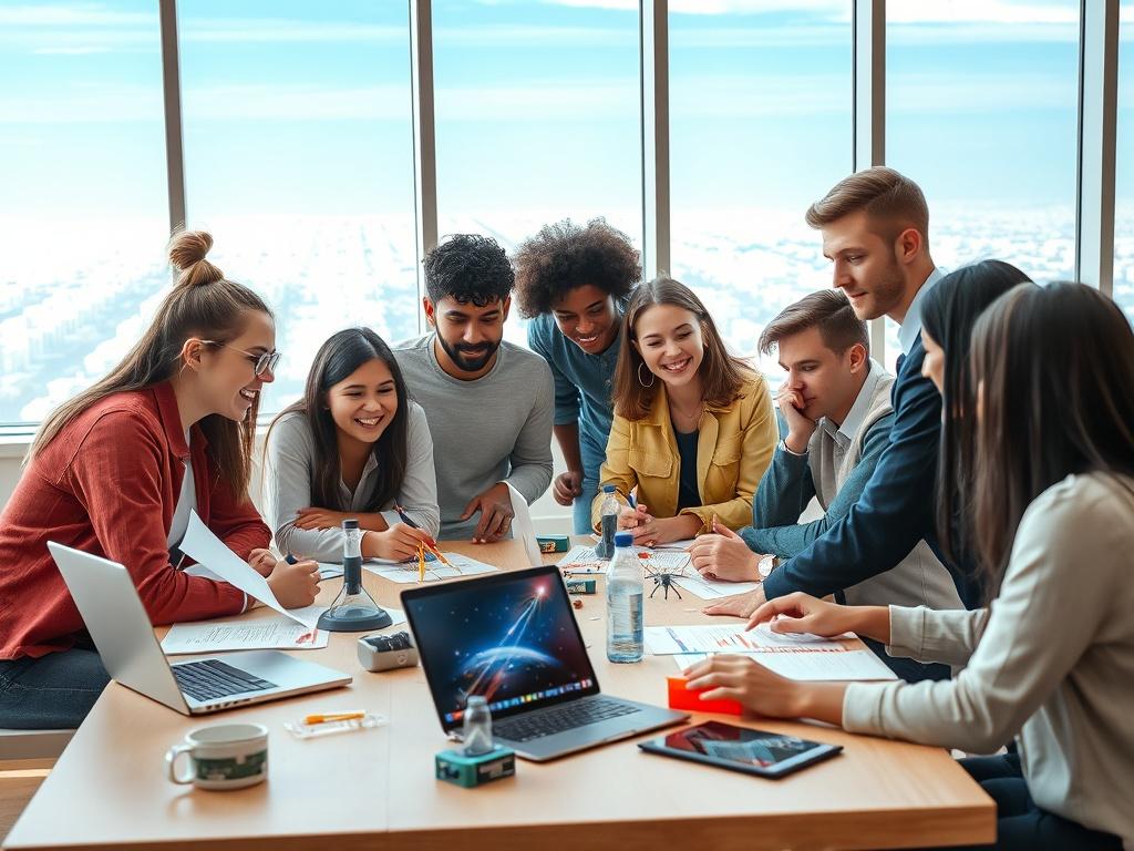 A group of diverse university students gathered around a table,