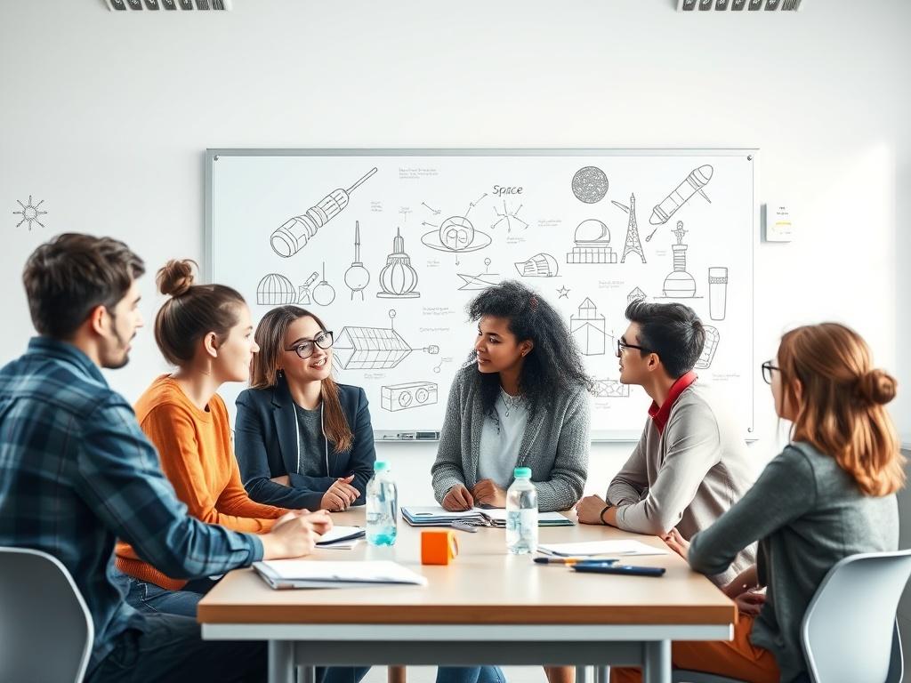 A group of diverse students brainstorming ideas in a bright,