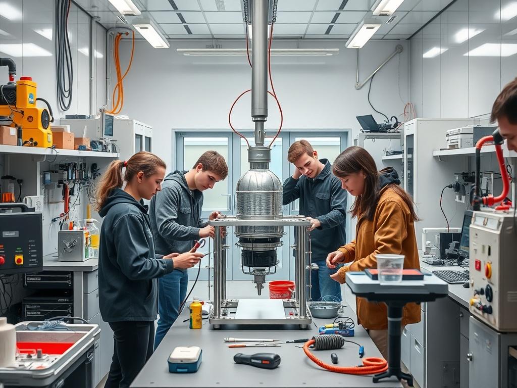 A team of students and engineers assembling a microgravity experiment