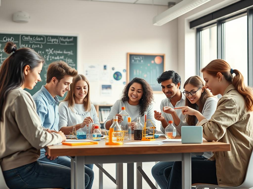 A group of enthusiastic students collaborating on a project, surrounded