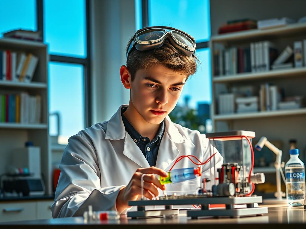 Create a realistic high-resolution photo that captures the essence of "Designing Microgravity Experiments." The composition should focus on a single, well-lit subject: a student in a modern laboratory setting, intently examining a small-scale model of a microgravity experiment. The student, depicted as a young adult with a look of concentration, should be dressed in a lab coat, with safety goggles perched on their head.

In the background, include shelves filled with scientific books and equipment, subtly h