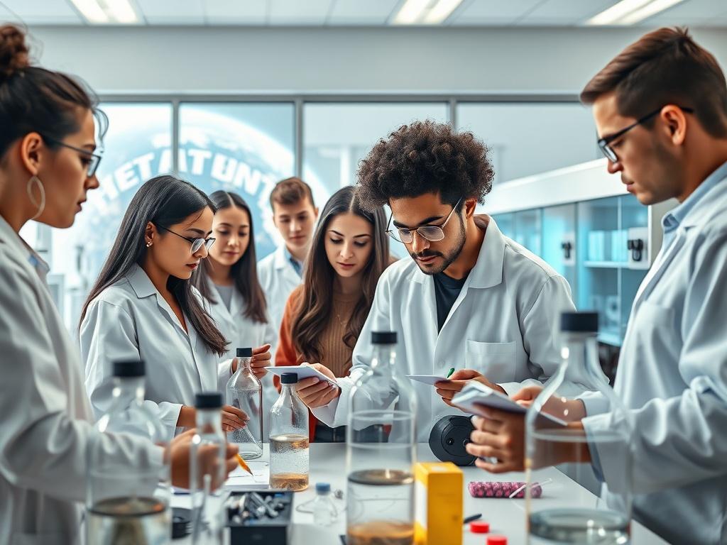 A group of diverse students collaborating on a science experiment in a bright, modern lab setting. They are engaged in discussions, examining equipment, and writing notes. The background features high-tech lab equipment and a large window showing a view of Earth. The atmosphere is focused and energetic, showcasing the excitement of scientific exploration.