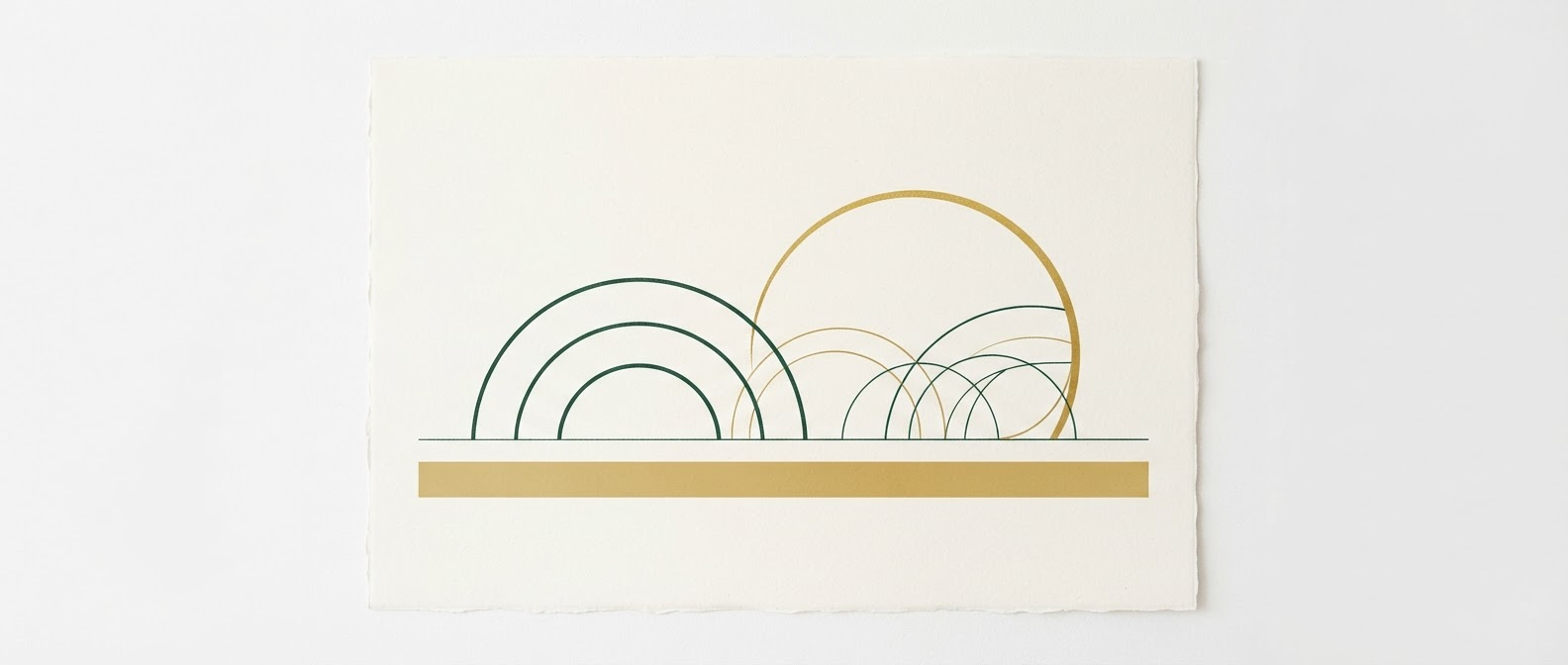 Abstract artwork of layered arcs and horizon lines in forest green and gold