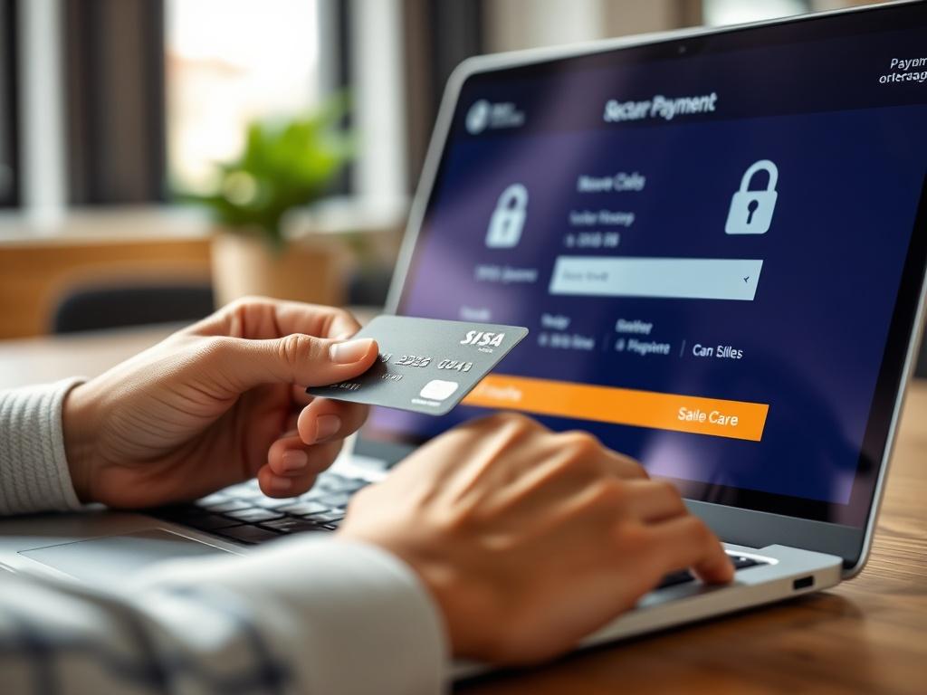 A close-up shot of a secure payment transaction being completed on a laptop, with a focus on a hand holding a credit card and the laptop screen displaying a secure payment gateway. The background should be a clean and modern workspace with soft natural lighting, emphasizing security and professionalism. The image should convey trust and efficiency in online payments.