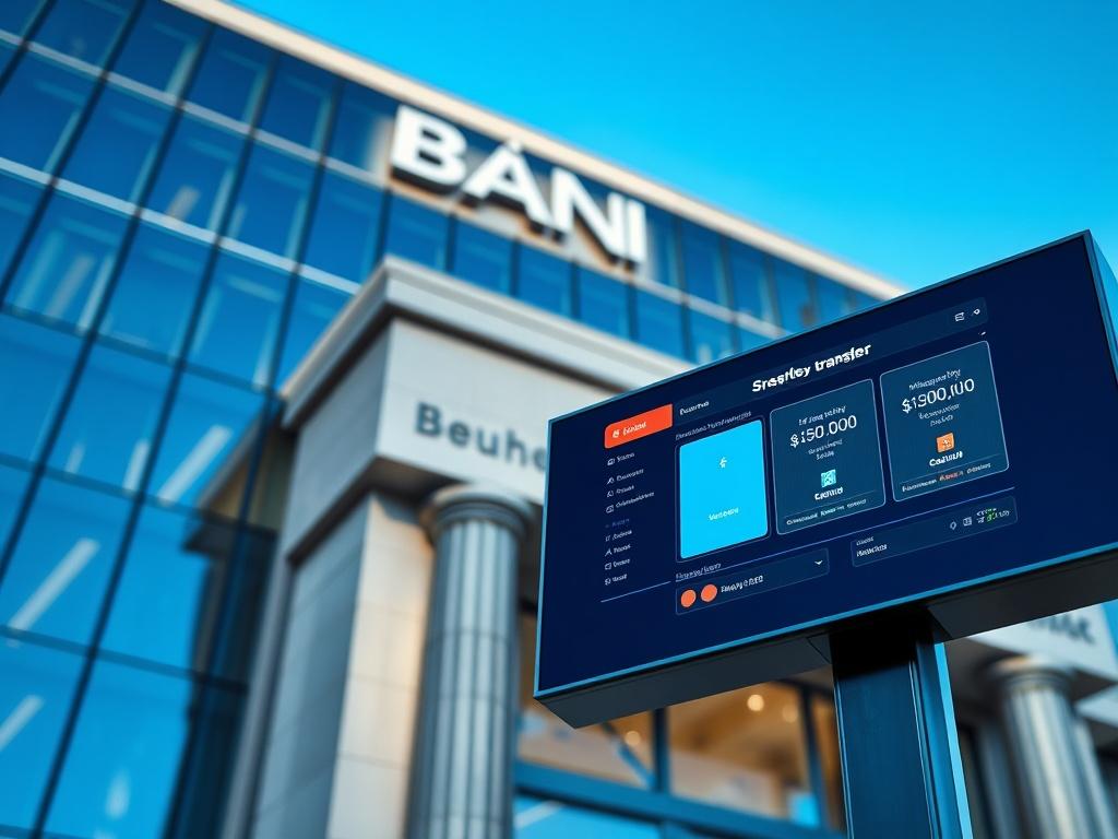 A hyper-realistic close-up shot of a modern bank building exterior, showcasing sleek architecture and glass panels reflecting the sky. In the foreground, display a digital screen showing a vibrant interface of a money transfer platform, emphasizing seamless transactions. The image should be shot with a 45mm f/1.2 lens, highlighting the contrast between the bank's solid structure and the digital innovation of the money transfer service. The background should be a clear blue sky, enhancing the theme of trust 