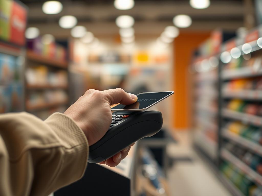 A high-resolution close-up of a person using a contactless payment method, like a credit card or smartphone, at a retail store. The payment terminal is in focus, showcasing the ease of making transactions. The background should be a softly blurred retail environment, utilizing an rgb(85, 207, 216) color scheme.