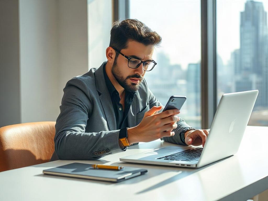 Create a highly realistic, high-resolution photo of an individual using a mobile device to make an online payment. The subject should be a confident young professional, sitting at a sleek, modern desk with a laptop open beside them. The individual is focused on their smartphone screen, showing an engaging fintech app interface. 

In the background, include a soft-focus cityscape visible through a large window, capturing the essence of a tech-savvy urban environment. Ensure the lighting is bright and natural