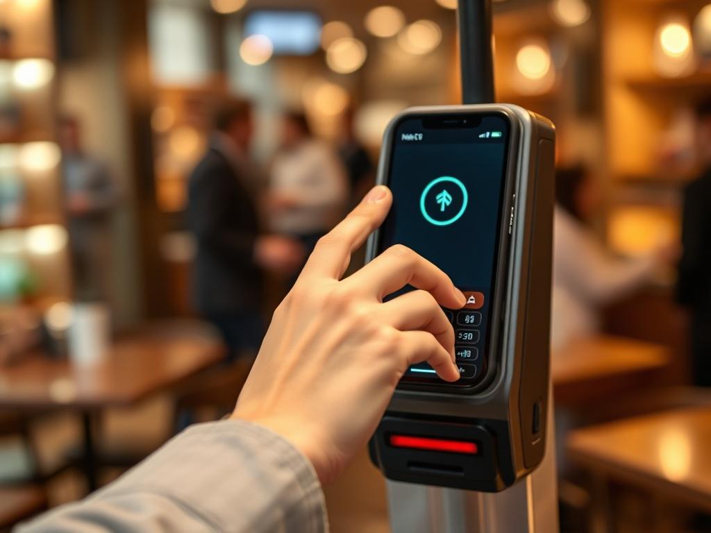 **AI Image Generation Prompt:**

Create a hyper-realistic close-up photograph of a single hand tapping a smartphone against a contactless payment terminal. The hand should be elegantly positioned, showcasing perfectly manicured fingers for a polished look. The smartphone, a sleek model with a vibrant screen displaying the payment confirmation screen, should be the focal point of the image. The terminal, modern and compact, should be slightly blurred in the background to emphasize the action of the tap, addi