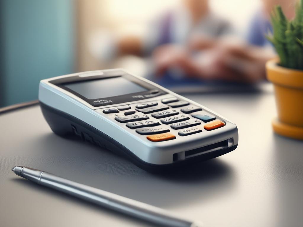 Create a realistic high-resolution image that encapsulates the essence of seamless electronic payment solutions. The composition should be simple and clear, featuring a single subject: a sleek, modern payment terminal placed on a clean, minimalist wooden desk. The terminal should have a digital screen displaying an approving transaction notification, showcasing the ease of use of Payope's payment solutions. 

In the background, include a softly blurred image of a busy café scene, hinting at various business