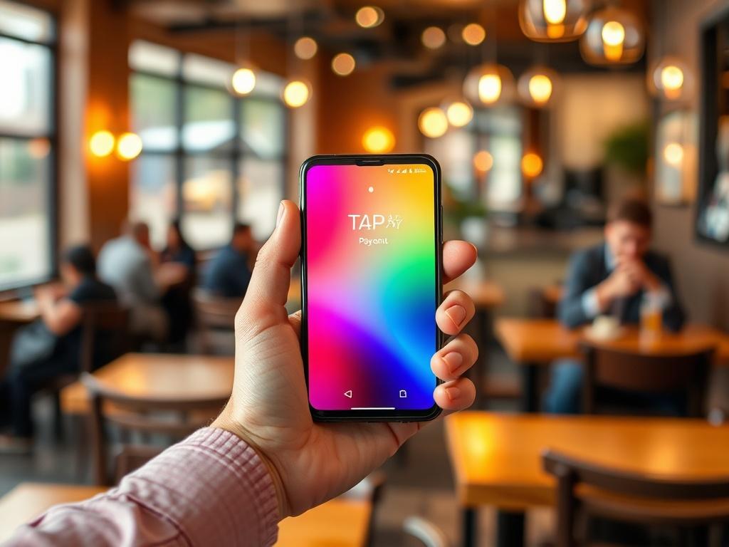 **AI Image Generation Prompt:**

Create a realistic high-resolution photo focusing on a single subject that embodies the innovative spirit of Tap and Pay technology. The image should feature a close-up of a stylish smartphone held in the hand of a young professional, displaying an active Tap and Pay transaction at a vibrant café setting. The background should include a blurred scene of the café with softly glowing light fixtures and patrons enjoying their drinks, creating a warm and inviting atmosphere. 

E