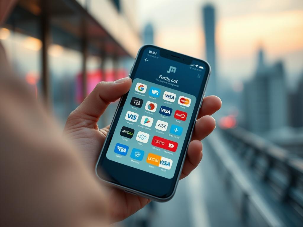 A close-up shot of a digital payment transaction occurring on a smartphone screen, showcasing various local payment method icons like credit cards, mobile wallets, and bank transfers. The background should be a blurred cityscape, hinting at a global reach while maintaining a focus on the local aspect of payments. The colors should be vibrant, incorporating shades of rgb(85, 207, 216) to highlight the technology and convenience of the service.