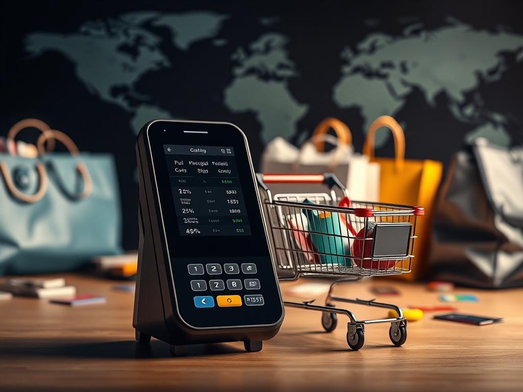 Create a highly detailed, realistic high-resolution image focusing on a single subject: a sleek payment gateway device integrated with a shopping cart. The composition should highlight the payment gateway prominently in the foreground, showcasing its modern design and digital interface, while the shopping cart is elegantly positioned beside it. 

In the background, softly blurred to ensure clarity of the main subject, depict various shopping bags filled with items, symbolizing online shopping. Surround the 