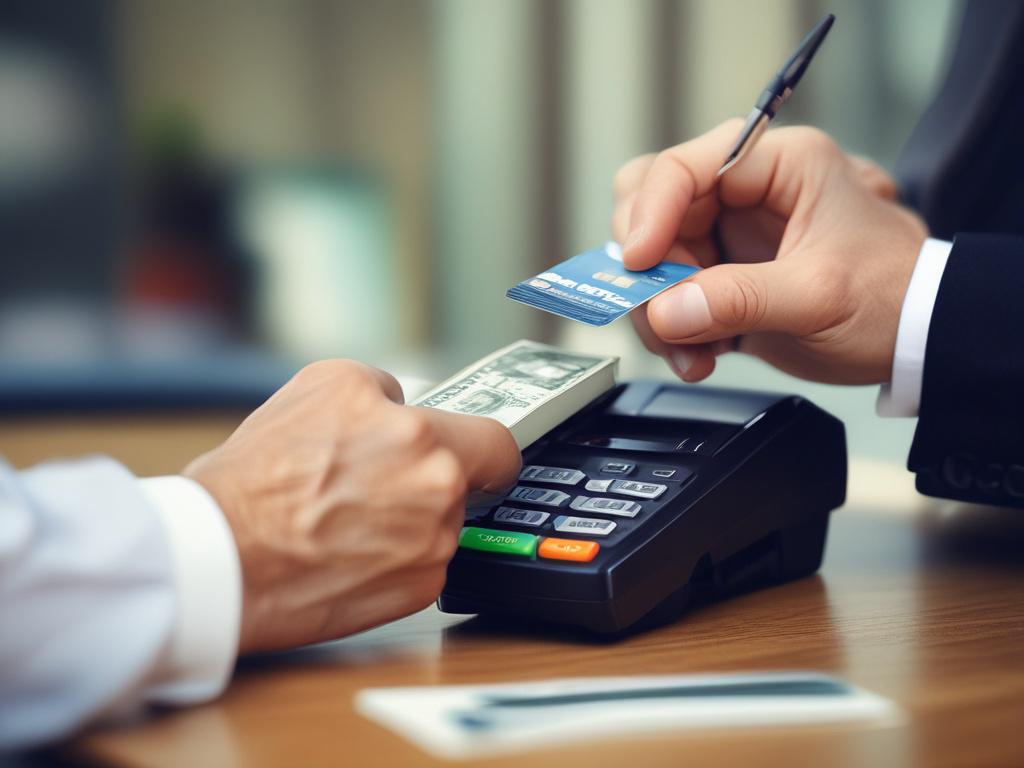 **Image Generation Prompt**: 

Create a realistic, high-resolution close-up shot of a business professional's hands expertly handling a modern digital payment device, symbolizing the theme of "Unlocking Global Payments." The focus should be on the individual holding the device, displaying their engaged expression, conveying a sense of confidence and control in financial transactions. 

The background should be softly blurred to highlight the subject while invoking a professional atmosphere, perhaps featurin