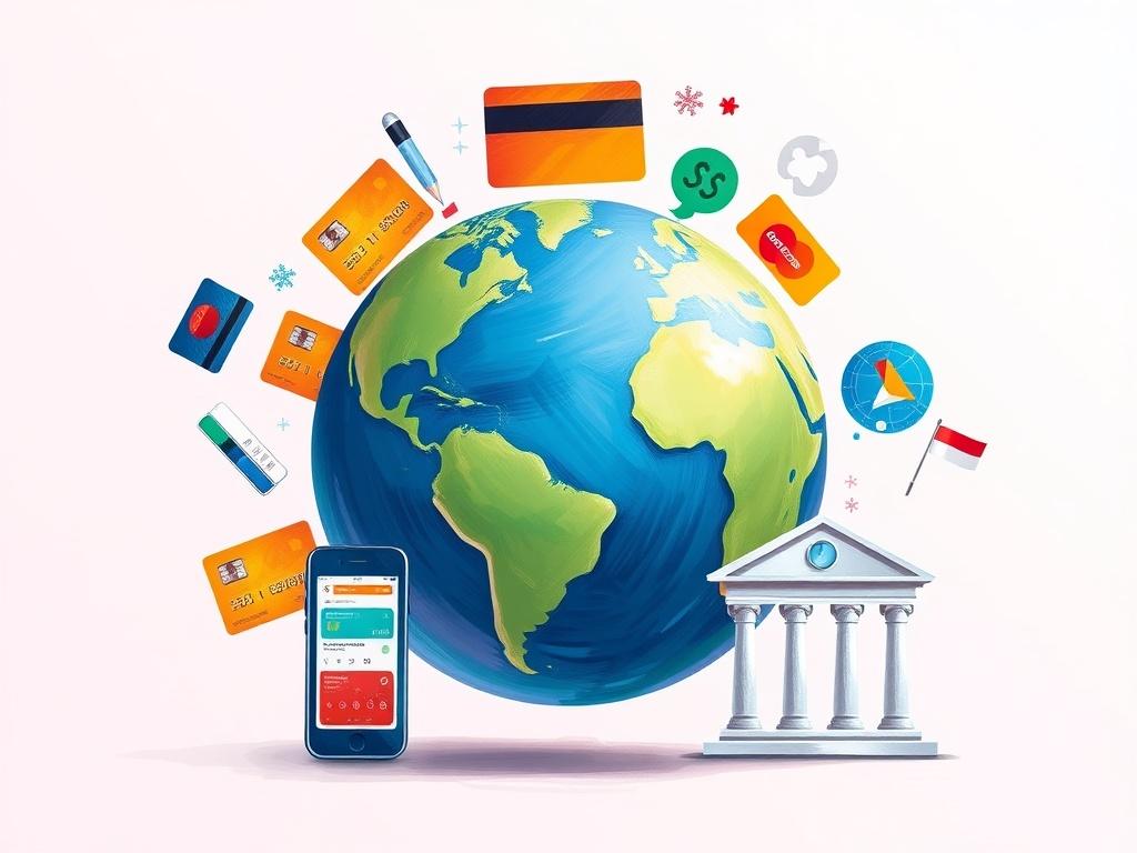 A high-quality illustration depicting various global payment methods, including credit cards, digital wallets, and bank transfers. The composition should prominently feature a single globe in the center, surrounded by icons representing different payment methods, such as a credit card, mobile phone with a wallet app, and a bank building. The background should be simple and clean, emphasizing the global nature of the payment solutions. Use vibrant colors that complement the primary color rgb(85, 207, 216).