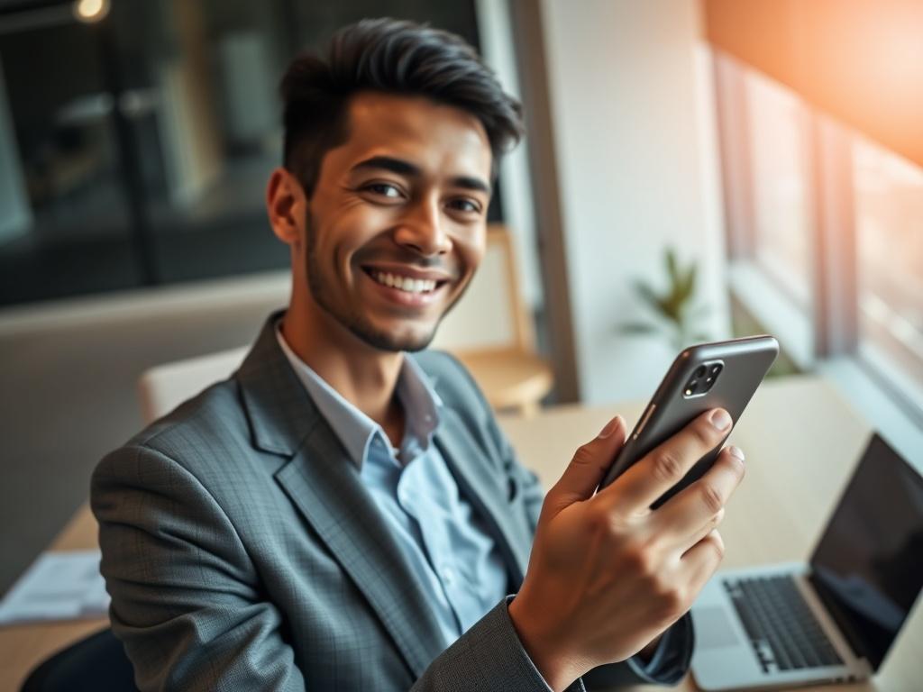 A close-up shot of a confident business professional in a modern office setting, holding a smartphone and smiling while looking at the camera. The background features a sleek desk with a laptop and financial documents, with soft natural lighting creating a warm atmosphere. The image should emphasize professionalism and approachability, capturing the essence of connection and communication.