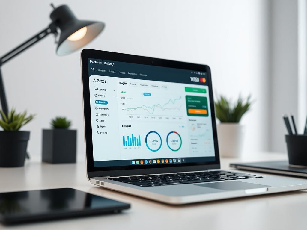 A high-resolution close-up shot of a modern online payment gateway interface displayed on a sleek laptop screen, set against a minimalist desk background with soft lighting. The focus is on the laptop screen showcasing the payment processing dashboard, with graphs and transaction details visible. The desk is clean and organized, reflecting a professional online business environment. The color scheme incorporates the primary color rgb(85, 207, 216) subtly in the design elements on the screen.