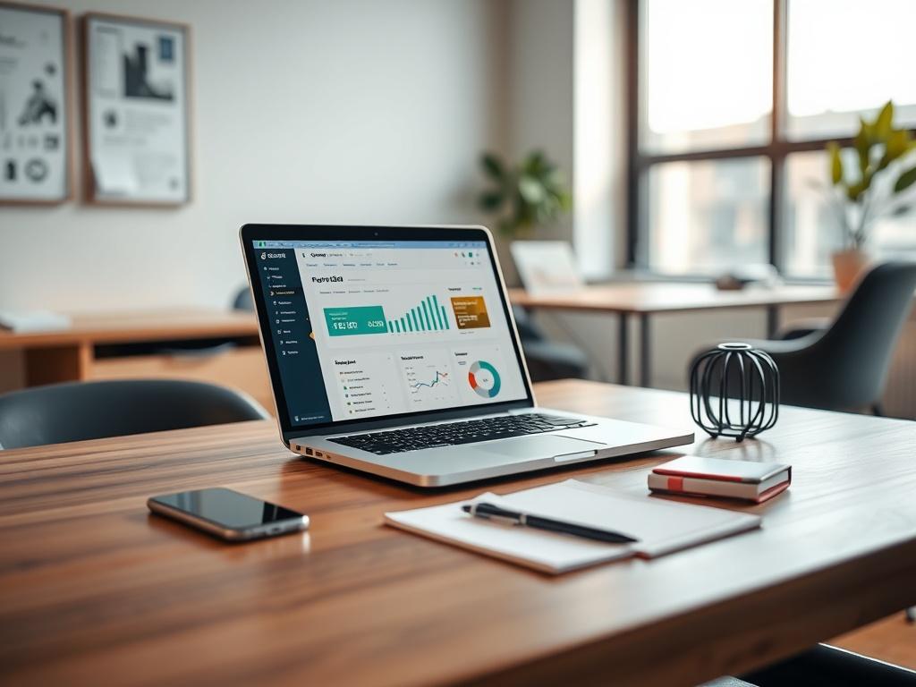 Create a realistic high-resolution photo that captures the essence of a blog titled "Merchant's Guide to Choosing the Right Payment Gateway." The composition should be simple and clear, focusing on a single subject: a well-organized workspace featuring a laptop displaying a payment processing dashboard. 

The laptop should be open and centered on a sleek wooden desk, with a modern smartphone nearby, illustrating the integration of payment solutions across devices. Additionally, include a notepad and pen on 