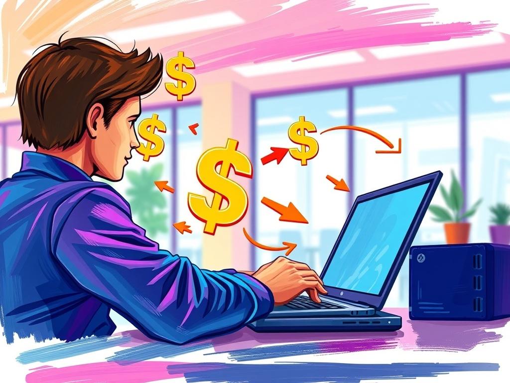 A vibrant illustration of a digital wire transfer process, showcasing a person using a laptop with animated dollar signs and arrows symbolizing instant transactions. The background is a bright office setting with a modern feel, incorporating rich acrylic colors, and the primary color rgb(85, 207, 216) is prominently featured in the design.