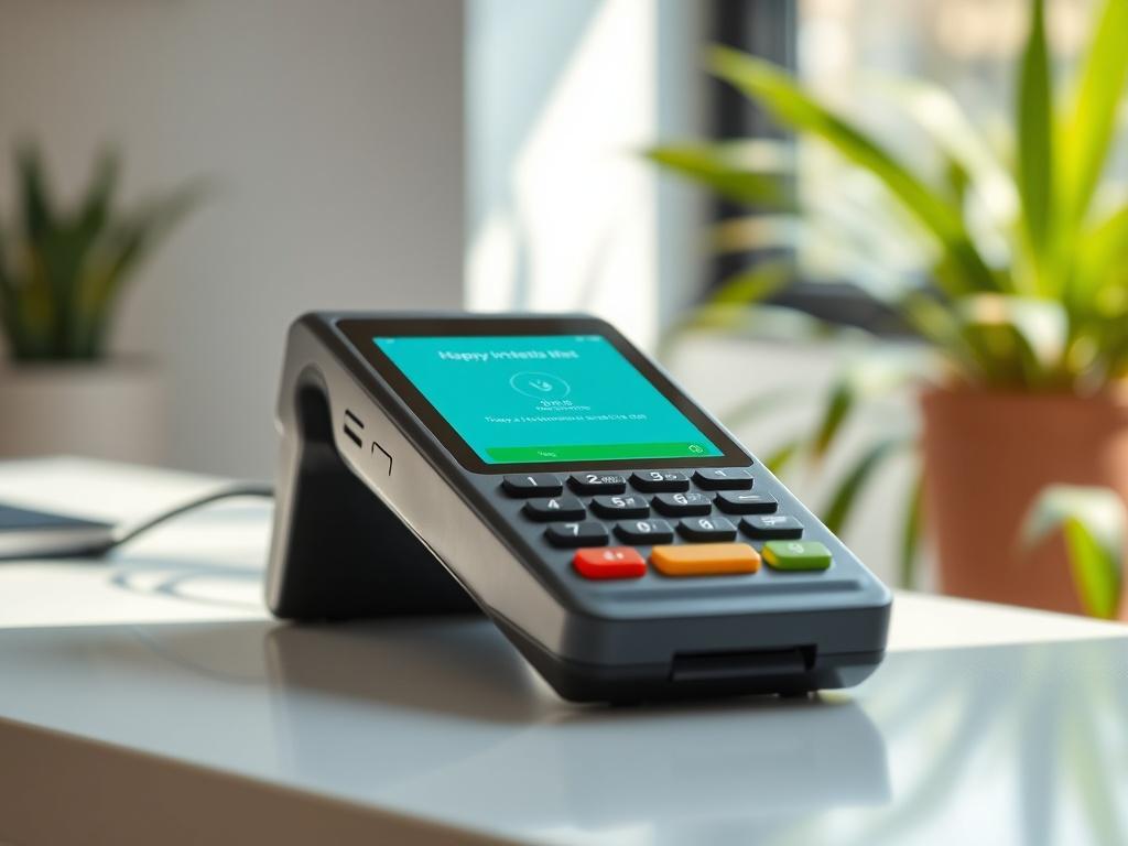 A close-up shot of a modern payment terminal on a clean white desk, with soft natural light illuminating it. The terminal displays a transaction screen, showcasing the user-friendly interface. The background is blurred, emphasizing the terminal, with a hint of greenery in the background, conveying a sense of trust and innovation.