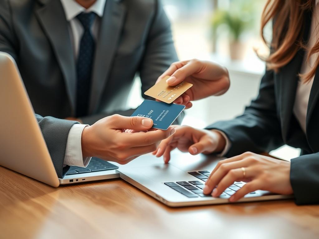 A close-up shot of a professional business meeting in progress, with hands exchanging a credit card and a laptop open showing financial data. The setting is bright and modern, focusing on the interaction and technology, capturing the essence of seamless payment solutions.