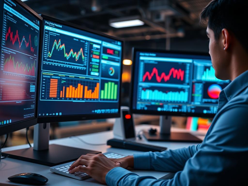 A close-up shot of a high-tech office environment, showcasing a financial analyst working on dual monitors displaying complex payment analytics. The colors are vibrant, with a modern aesthetic that reflects efficiency and innovation in payment solutions.