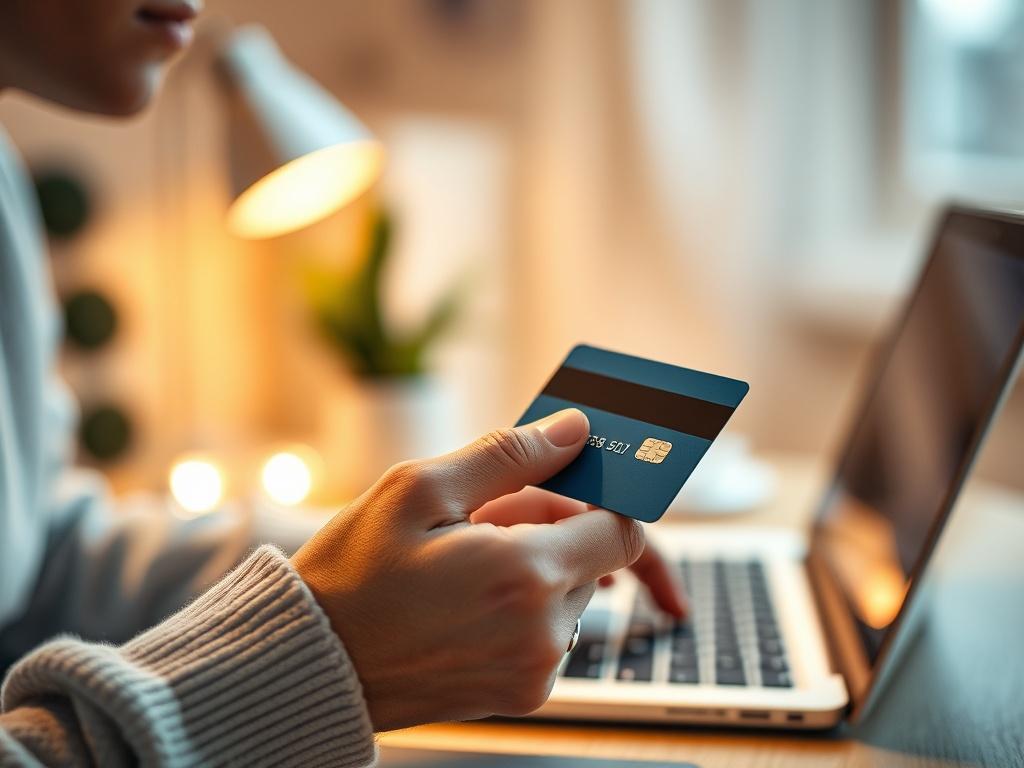 A close-up shot of a person doing an online payment, holding a credit card in one hand. The focus is on the card as the subject, with a blurred background of a laptop and a cozy workspace. The lighting is warm and inviting, emphasizing the act of convenient online transactions. Shot with a 45mm f/1.2 lens style, highlighting the details of the card and the person’s focused expression.