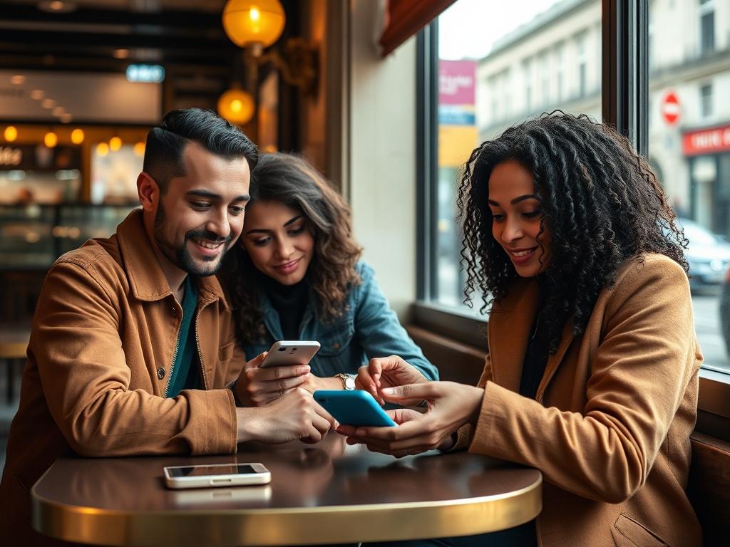Create a highly realistic high-resolution photo that visually represents the concept of "Regional Payment Trends: What Customers Prefer." The composition should be simple and clear, featuring a single subject: a diverse group of three individuals seated at a cafe table, engaged in discussion while examining various payment methods on their smartphones.

The scene should emphasize how payment preferences vary by location, showcasing the individuals in a lively urban environment, such as a vibrant London stre