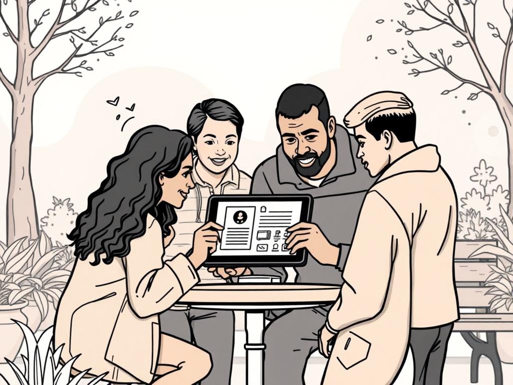 **Prompt for AI Image Generation:**

Create a high-quality illustration featuring a single subject: a diverse group of people gathered around a digital tablet, engaging with a merchant payment platform. The scene should reflect a positive social impact of payment service providers on their community. 

Composition: Center the tablet on a small table, with individuals of various ethnicities (including a Black woman, an Asian man, and a Hispanic teenager) eagerly looking at the screen, displaying a simplified
