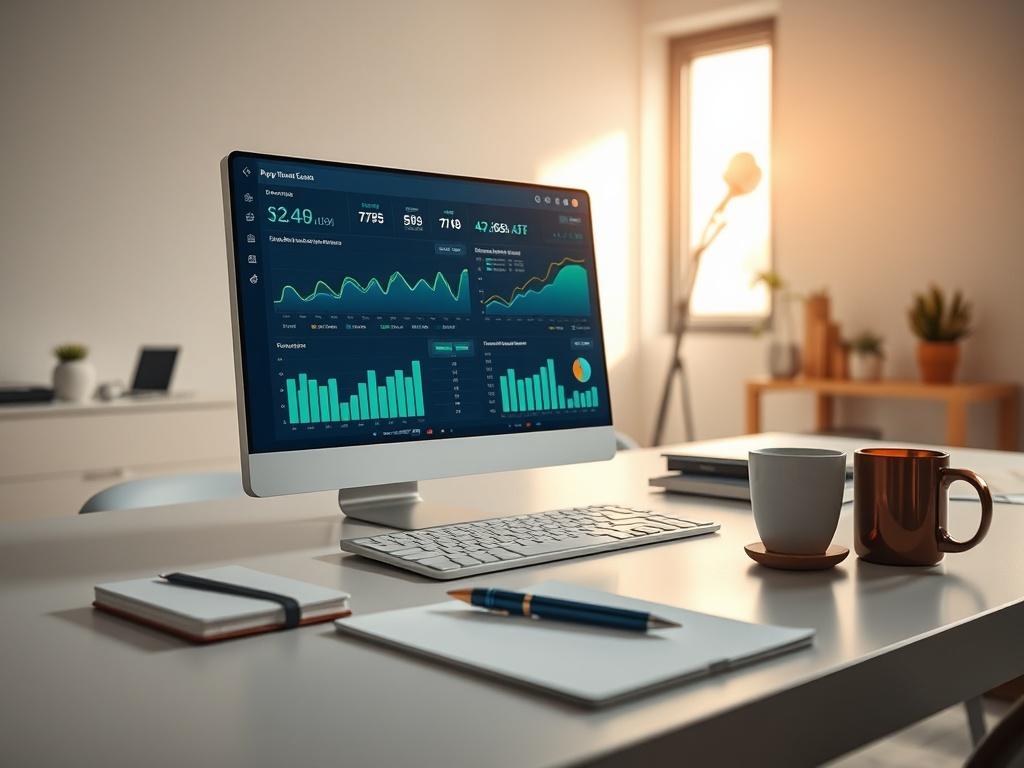 Create a realistic high-resolution photo featuring a sleek, modern real-time analytics dashboard for payment transactions. The image should focus on a single subject: the dashboard itself, prominently displayed on a clean, contemporary workspace desk. 

The dashboard should showcase vibrant graphs, charts, and live transaction data, all visualized in an intuitive and user-friendly layout. The color palette should evoke a sense of modernity, with blues and greens representing financial analytics, and use the