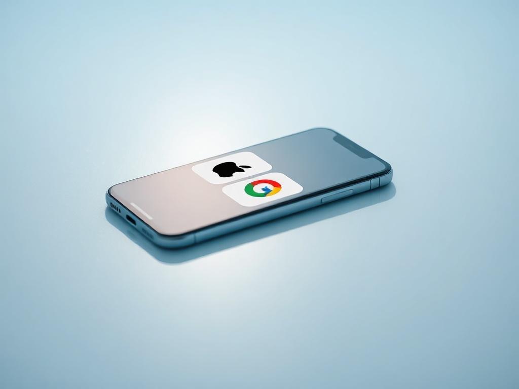 Create a realistic high-resolution photo of a modern smartphone lying flat on a sleek surface, prominently displaying the logos for Apple Pay and Google Wallet on the screen. The smartphone should be the only subject in the image, perfectly centered to emphasize its sleek design. The background should be minimalistic, featuring a soft gradient of blue tones, complemented by subtle shadows to create depth. The light should gently reflect off the smartphone's glass surface, enhancing its modern appearance. En