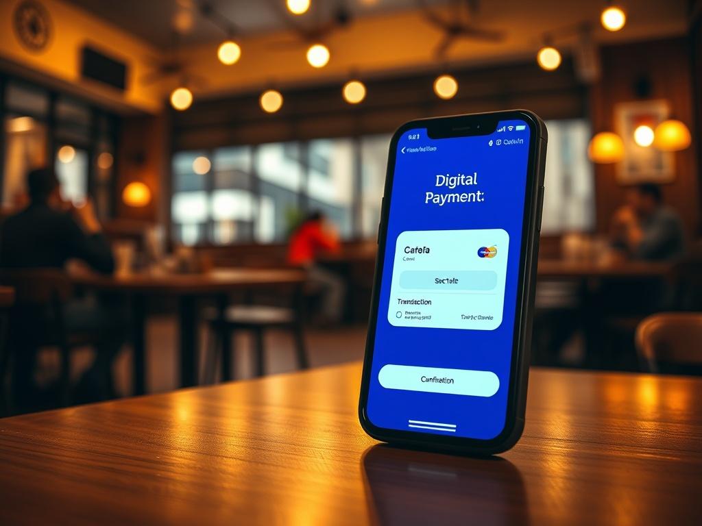 Create a realistic high-resolution photo that captures the theme of "Digital Payments." The composition should be simple and clear, featuring a single subject: a modern smartphone displaying a digital payment app interface. The smartphone should be positioned at a slight angle to showcase the vibrant, user-friendly design of the app on the screen, emphasizing intuitive navigation features and a bright transaction confirmation. 

In the background, include a softly blurred café setting with wooden tables and