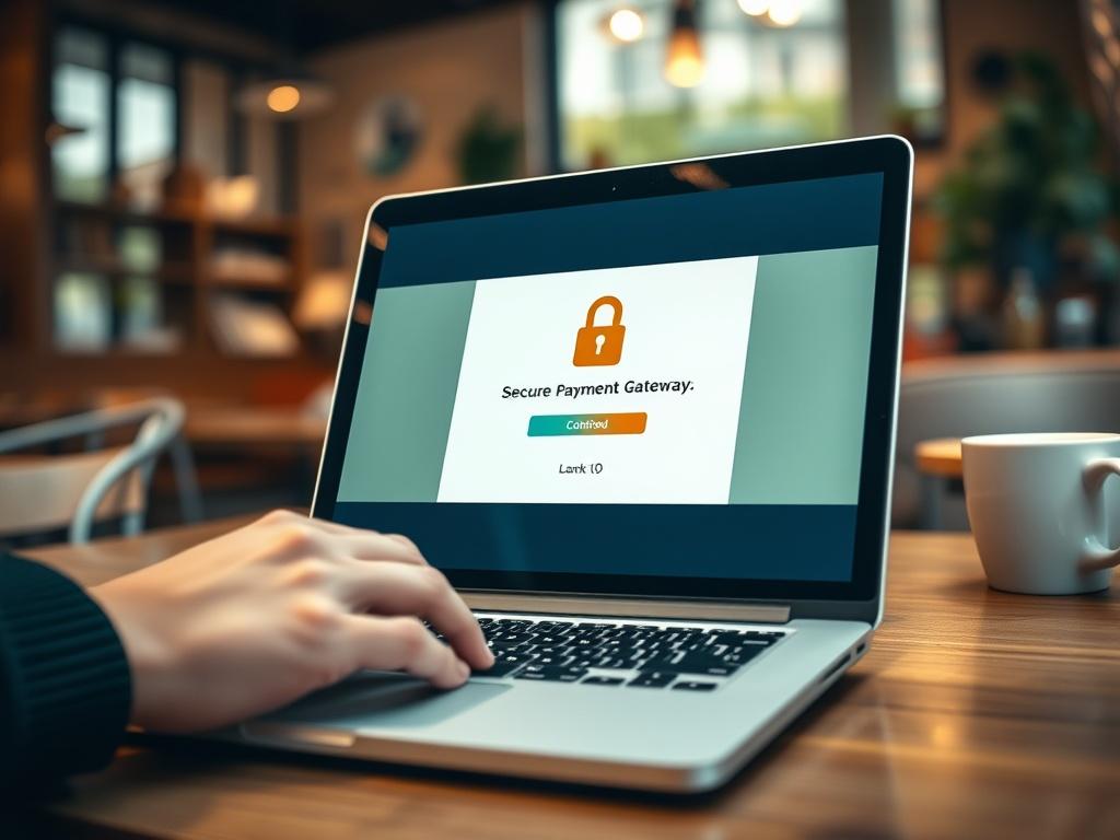 A close-up shot of a laptop screen displaying a secure payment gateway with a lock icon and confirmation message. The background features a cozy coffee shop setting with soft lighting. A hand is seen typing on the laptop, conveying trust and security in online transactions. The overall composition emphasizes safety while inviting customers to engage with the payment platform.