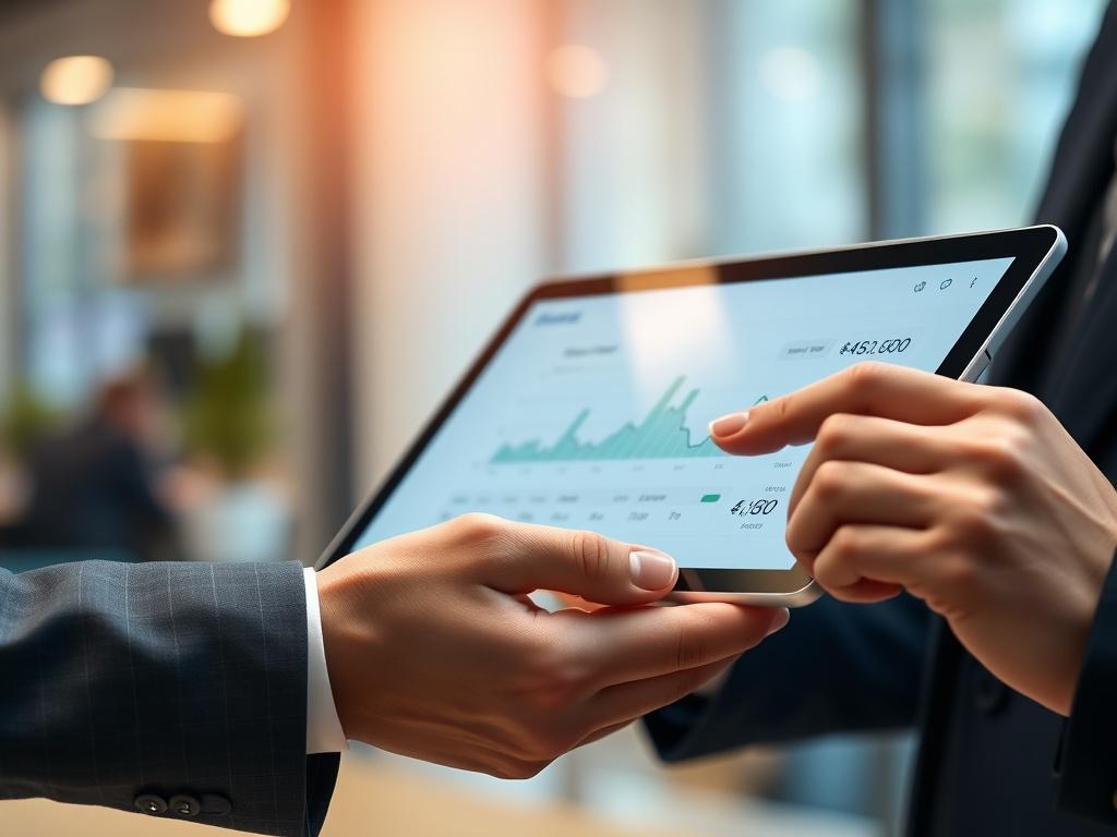 A close-up shot of a business professional using a sleek tablet to process payments. The focus is on the tablet screen displaying a payment interface with graphs and analytics. The background is softly blurred, showcasing a modern office environment with subtle hints of technology. The lighting is bright and inviting, emphasizing the ease of use and efficiency of the payment system.