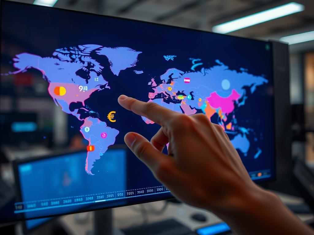 A close-up shot of a world map on a digital screen with various currency symbols overlaying it. A hand is pointing at the map, indicating international transactions. The background shows a blurred office with modern equipment. The lighting is vibrant, highlighting the global aspect of the payment solutions offered. The map's colors are vivid, capturing attention while maintaining a professional aesthetic.